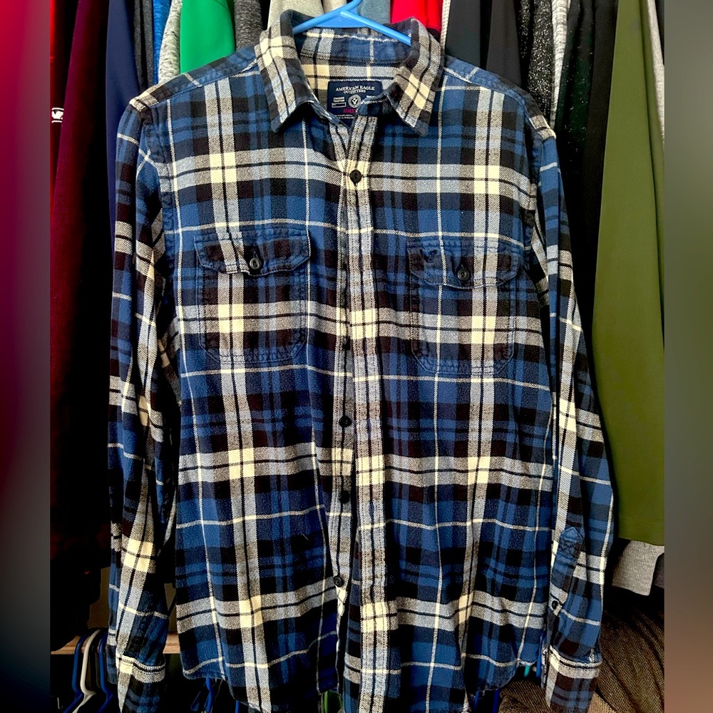 American Eagle Outfitters Flannel Plaid Button Up Shirt Large Athletic Fit